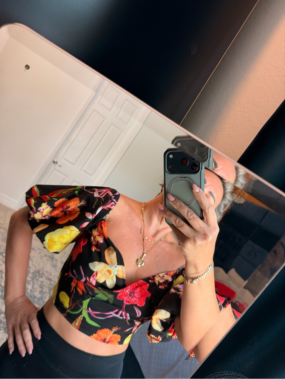 Floral Puff Sleeve Crop Top - Black with Yellow & Red Blooms